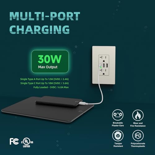 TOPELER 4 Pack USB Wall Socket, 3-Port Type C USB Receptacles, 30W 6.0A USB C Outlets, Duplex 20 Amp Tamper-Resistant Outlet, UL & FCC Listed, Screwless Wall Plate Included, Light Almond by TOPELER - Image 2