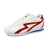 OFG Women's Fashion Sneakers Genuine Leather Walking Shoes Classic Retro Gum Sole Shoes Tennis Skate Shoes（White/Red,9）