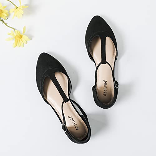 Ataiwee Women's Wide Flat Shoes - Pointed Ladies T-Strap Adjustable Summer Shoes.(1908073-4, Bk/Mf 9 W) #TOP5