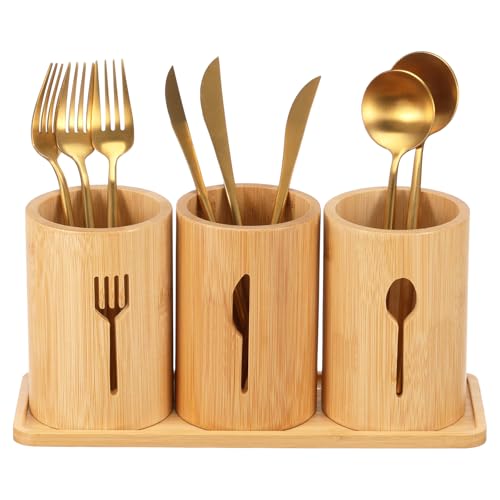Toaboa 4 Set Besteckhalter Tisch Holz Besteck Aufbewahrung mit Drainagelöcher, Herausnehmbares Tablett Klassifizierung Lagerung Besteckkorb Tisch...