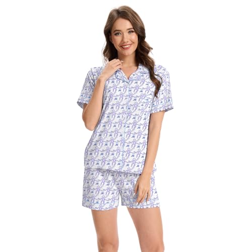 Image of Ammiko Womens Pajamas Set Y2k Loungewear Pajama Button Down Top and Shorts Monkey Beach Short Sleeve Sleepwear Preppy