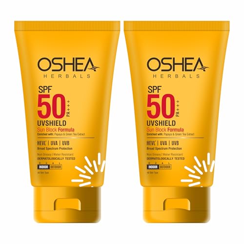 Image of Oshea Herbals UVShield Sunscreen Spf 50 PA+++ for Women & Men | Lightweight & Water Resistant | UVA & UVB Protection | Enriched with Papaya & Green Tea | All Skin Types - (Pack of 2) 120g