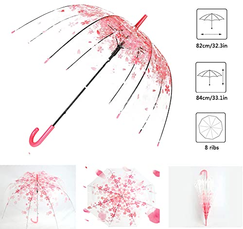 Cherry Blossoms Umbrella Cute Transparent Bubble Umbrella Clear Dome Semi-Automatic Sunny Umbrella For Kids Girls Boys Or Women Romantic Windproof Wedding Decoration Umbrella (Pink) #TOP2