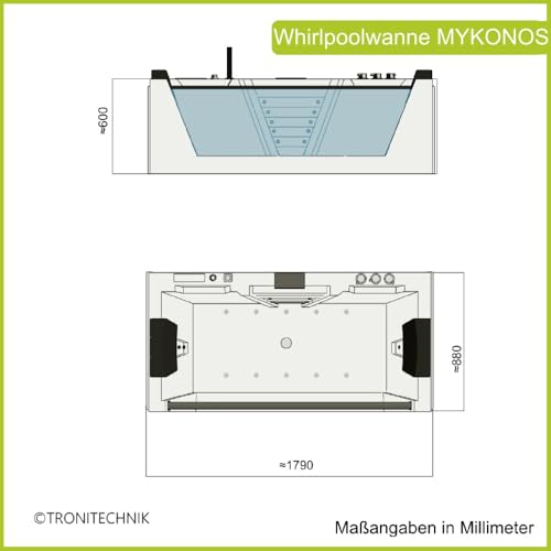 Whirlpool Badewanne Tronitechnik Mykonos 180 cm mit Heizung und Hydromassage