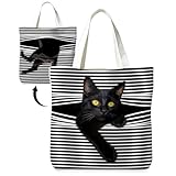 LIANGW Cute Black Cat Canvas Tote Bag Aesthetic Flowers Reusable Shopping Grocery Bags Birthday Gifts for Women & Teen Girls