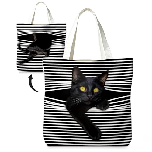 LIANGW Cute Black Cat Canvas Tote Bag Aesthetic Flowers Reusable Shopping Grocery Bags Birthday Gifts for Women & Teen Girls
