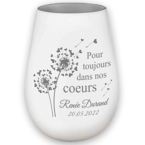 Photophore en Verre personnalisé – Nom et Date funéraire - Lumière de deuil - présent funéraire - Blanc/Argent - pour Toujours dans nos Coeurs - Lanterne présent funéraire -