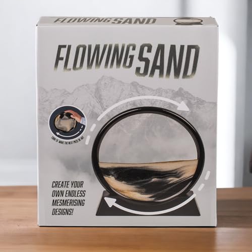 MIJOMA bewegliches Sandbild mit Sockel, dynamische Dekoration mit schwarz-weißem Sand & goldenen Glitzerpartikeln, Fließende Sandmalerei zum Drehen, Ø17,5cm x 1cm