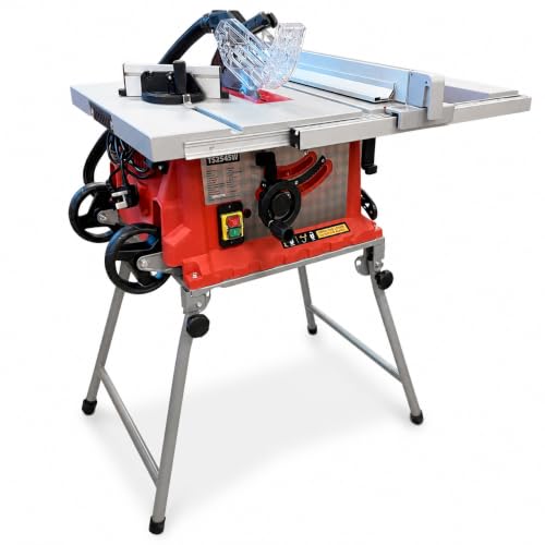 Lumberjack Table Saw 254mm Professional Portable Table saws for Woodworking with Folding Legs and Wheels Ideal for Site workshops and Trade Powerful 1800W Motor 240V