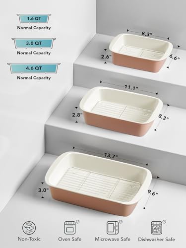 Image of LE TAUCI Deep Casserole Dishes for Oven, 13.7 inchx9.6 inch Ceramic Baking Dish Set with Roasting Racks, Large Lasagna Pans with Handles, Rectangular Bakeware as Gift for Mom, Dusty Pink(4.6QT /3.0QT /1.6QT), Set of 3
