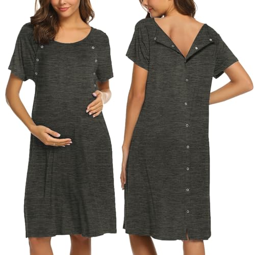Image of Ekouaer Women’s Nursing/Delivery/Labor/Hospital Nightdress Short Sleeve Maternity Nightgown with Button S-XXL