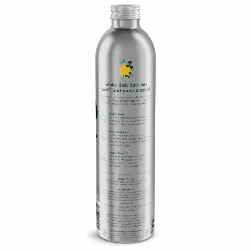 Image of Grove Co. Dish Soap Refill, 1 x 16 fl oz Refill, Lemon, Eucalyptus & Mint | Plastic-Free; Removes Stuck on Food; USDA Biobased; 98% plant-based ingredients; Natural Fragrance