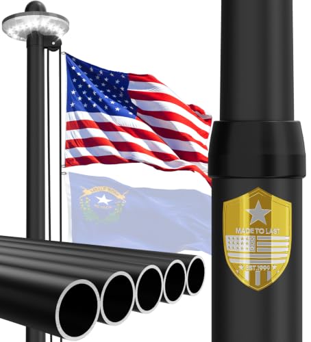 IOEN 25FT Heavy Duty Aluminum Flag Pole Kit 2.7 Commercial Diameter 100MPH Wind Rated with Solar Light & 3x5 Embroidered USA Flag Tapered Sectional Design for Outdoor Ground - Black