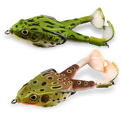 Leurres Grenouille,2 Pièces Grenouille Peche,Leurres de Pêche,9cm Double Hélices Grenouille,Appât Souple avec 3D Yeux,360°Queue rotative Artificielle Souple Leurre avec Crochet pour La pêche en Plein