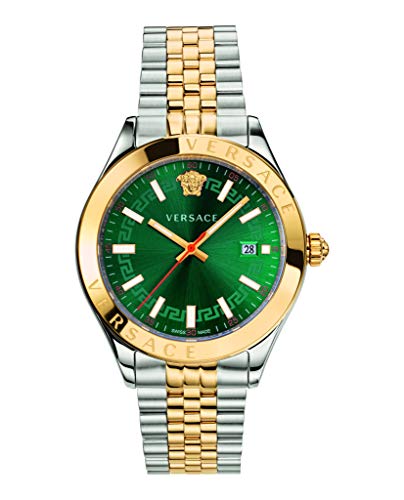 Versace Hellenyium Collection Luxury Mens Watch Timepiece with a Two Tone Bracelet Featuring a Gold Case and Green Dial