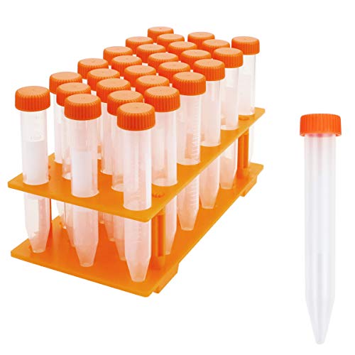 BILLIOTEAM 28 PCS 15ml Clear Plastic Graduated Conical Centrifuge Test Tubes with Screw Caps and Plastic Test Tube Rack for Scientific Experiments,Halloween,Christmas,Scientific Theme Party Decoration