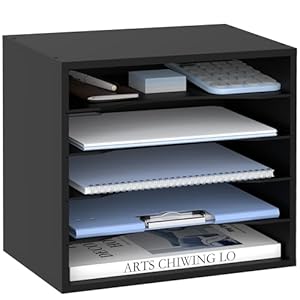 SUPEASY Wood Desk Organizer, 5 Tier Paper File Organizer for Desk, Wooden Desktop Organizer, Paper Letter Literature Mail Sorter, for Office School & Home Organization, Black