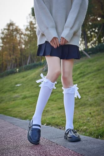 Image of AMHRLINGTO Women's Lace Ruffle Frilly Ankle Socks - Girl Cotton Knee High Socks with Bow Lace Ruffle Trim