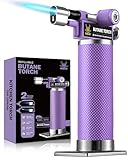 RAVS 2 Flame Mode Butane Torch Lighter, Refillable Kitchen Torch with Adjustable Flame & Safety Buckle, Metal Body Cooking Torch for Baking, BBQ, Purple Soldering Torch Butane Gas Not Included