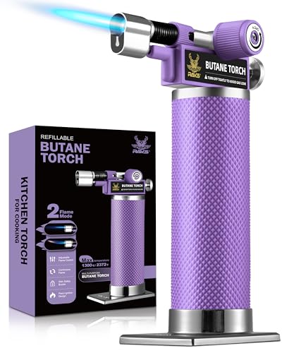 Image of RAVS 2 Flame Mode Butane Torch Lighter, Refillable Kitchen Torch with Adjustable Flame & Safety Buckle, Metal Body Cooking Torch for Baking, BBQ, Purple Soldering Torch Butane Gas Not Included