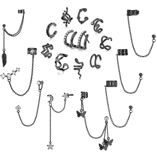 Diamday 18Pcs Ear Cuff Earrings for Women Cuff Chain Earring Clip On Helix Fake Cartilage Adjustable Wrap Cuff Earring Non Pierced Black