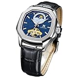 DAXIAOYU Reloj de pulsera mecánico automático para hombre, diseño de esfera octogonal, fase lunar, Tourbillon, correa de piel auténtica, reloj de pulsera para negocios, Azul plateado, Lujo