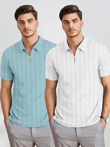 Image of MiraMichi Men's Polycotton Short Sleeve Casual Polo Collar T-Shirt - Lightweight Breathable Classic Polo for Everyday Comfort & Style