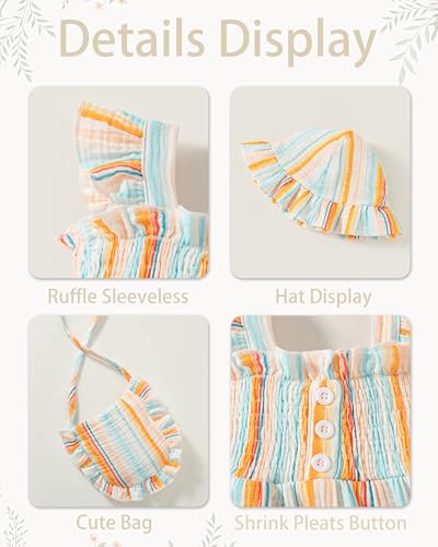 Vibebox Baby Girl Dresses 12-18 Months Ruffle Sleeveless Button Clothes 1 Year Old Birthday Gifts Toddler Girls Multicolored Strips Summer Beach Garden Party Casual Dress with Cute Hat and Bag