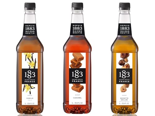 Image of 1883 Vanilla, Caramel, Roasted Hazelnut Syrups (Coffeehouse Favorites) for Coffee & Drinks - 1 Liter Plastic Bottles (Pack of 3)
