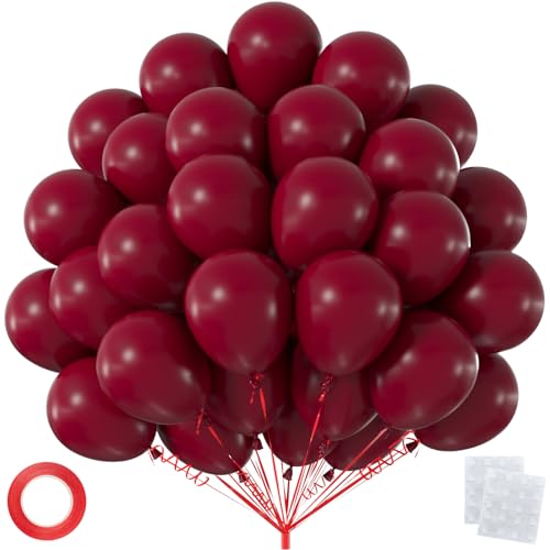 50pcs Burgundy Balloons 12 Inch Premium Maroon Latex Party Balloons for 2026 Graduation Wedding Anniversary Mothers Day Prom Decorations (with Ribbon & Adhesive Dots)