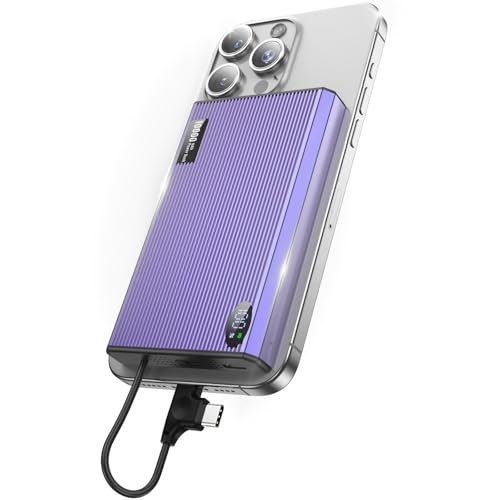 Portable Charger Power Bank,10000mAh 20W PD Fast Charging, Built-in USB C and Light-ning Charging Cord, Portable Charger Power Bank iPhone and Android for Samsung iPhone 16/15/14/13/12 Pro Max(Violet)