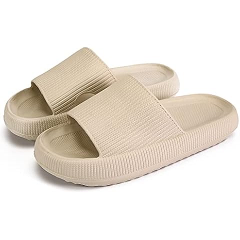 Pillow Slippers for Women, Non-Slip Massage Foam Shower Bathroom Home Floor Thick Sole Quick Drying Cloud Cushion Womens Mens Sandals, Soft Comfortable Platform Open Toe Shoes (Beige, Eur36/37) Cover