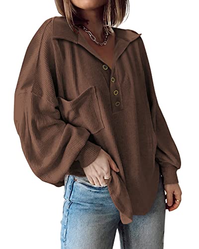 BTFBM Womens Fall Fashion 2026 Long Sleeve Shirts Casual V Neck Ribbed Knit Blouses Pullover Trendy Loose Fit Tunic Tops(Turndown Caramel, Large)