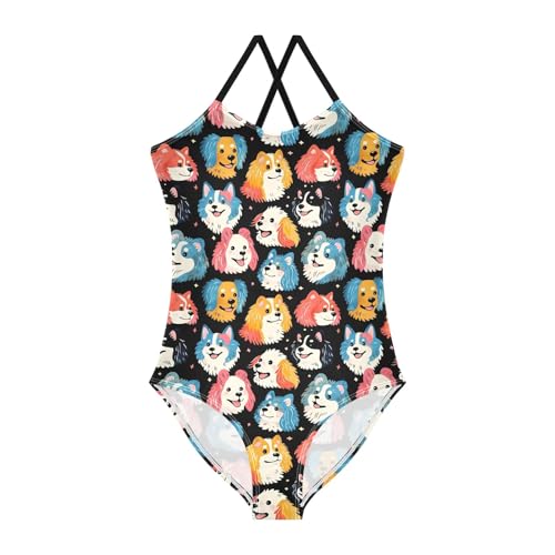 senya Girls Swimsuits One-Piece Swimwear Tie Bathing Suit Beach Summer Round Neck 9-10T Colorful Dog Heads Black Stars