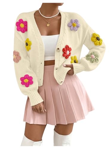 Image of SHENHE Women's Button Down Flower Cardigan V Neck Open Front Knit Crop Cardigan Sweater