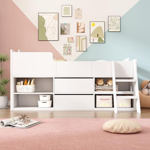 ANIROY Cabin Bed Mid Sleeper Bed Frame Storage Kids Wooden bed with Drawers Shelf Storage Low Sleeper Bed 3ft Single Children's Wooden Bed - 3ft Single (90 x 190 cm) Frame Only, White ANIROY Cabin Bed Mid Sleeper Bed Frame Storage Kids Wooden bed with Drawers Shelf Storage Low Sleeper Bed 3ft Single Children's Wooden Bed - 3ft Single (90 x 190 cm) Frame Only, White
