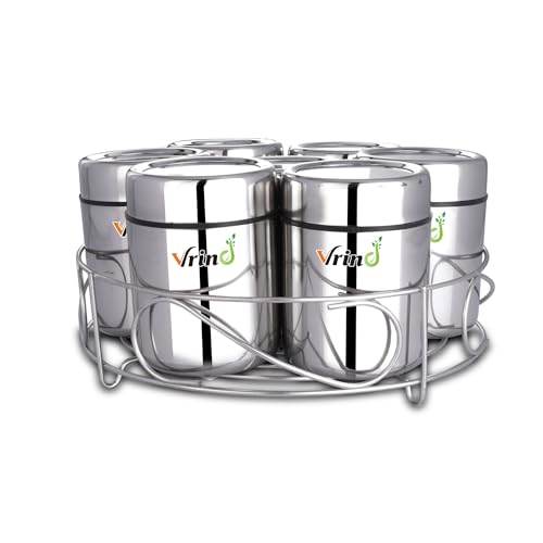 Image of Masala Dabba| Spice Container| Kitchen Jars and Containers| Storage Container| Masala Dani with Stainless Steel Spoon| Stainless Steel Containers with Stand (Large | 7-in-1 | Round)