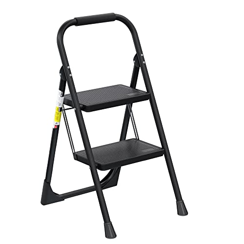 Image of EFFIELER 2 Step Ladder - Folding Step Stool with Wide Anti-Slip Pedal, 430 lbs Capacity, Multi-Use for Household, Kitchen, Office (Matte Black)