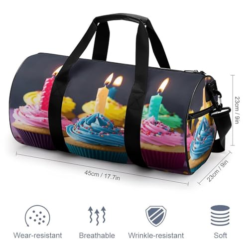 Cylindrical Gym Bag,Colorful Happy Birthday Cupcakes Sports Gym Bag,Workout Bags,travel Weekender Bag,Duffle Travel Bag for Men Women, 17.7in/9in/9in, style2