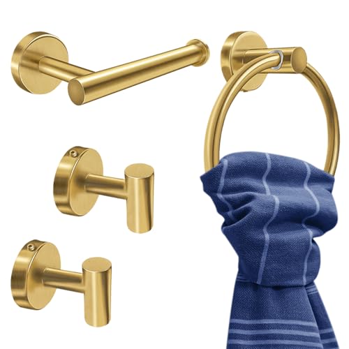PokShow 4Pcs Gold Bathroom Accessories Set, Brushed Gold Bathroom Hardware with Toilet Paper Holder,Towel Ring & Robe Hooks,Wall Mounted Stainless Steel Bathroom Hardware for Modern Home by PokShow - Used condition - US$24.67