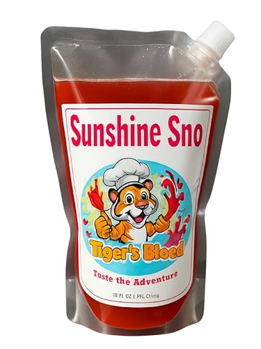 Sunshine Sno Dye Free Tigers Blood Syrup-18oz, Syrup for Drinks, Lemonade, Shaved Ice, Snow Cones, Energy Drinks, Made with organic ingredients, Dye Free, Nut Free, Gluten-Free, Vegan. NEW re-usable pouch!