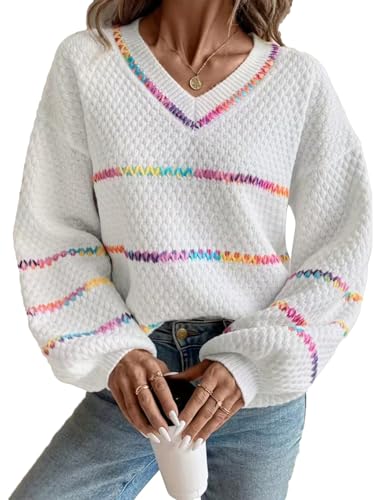 Women's Striped Fall Long Sleeve Sweaters Oversized Knit V Neck Pullovers Drop Shoulder Tops 2025 Trendy Outfits