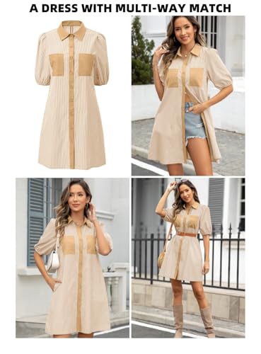 Image of AlvaQ Women Dress Summer 2025 Casual V Neck Short Sleeve Button Down Striped Tunic Dresses with Pockets