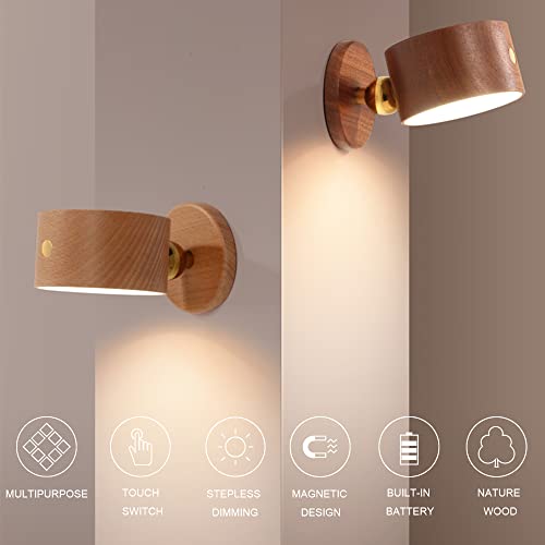 HBGFHG Wooden Led Wall Sconce, 360 Rotatable Dimmable Rechargeable Battery Operated Magnetic Led Night Light for Reading and Household Lighting (Sapele Wood 2pcs)
