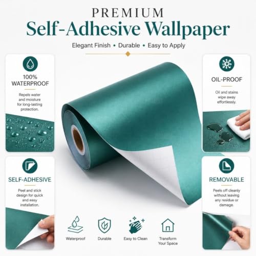 Image of HOME13 Matte Wallpaper Green Cool Teal Peel and Stick Wallpaper Self Adhesive Wallpaper Removable Decorative Vinyl Waterproof Sticker for Cabinets /Countertop(20x200 Inch)