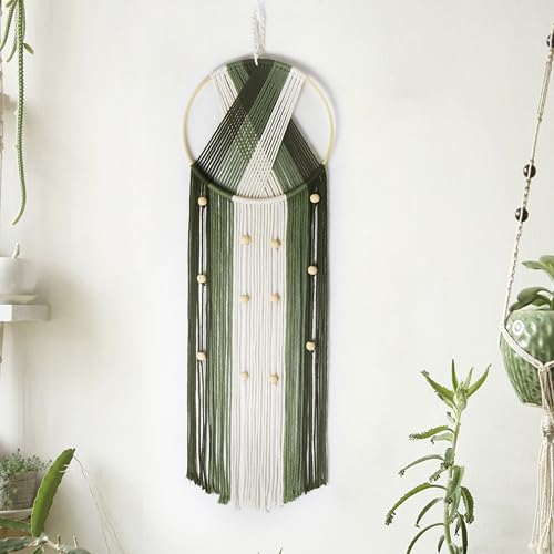 LB Boho Macrame Wall Hanging - Green and Beige Handmade Cotton Woven Decor, Modern Geometric Bohemian Tapestry Wall Decor for Bedroom Living Room Home (31.5"x9.84") Nature-Inspired Room Decor
