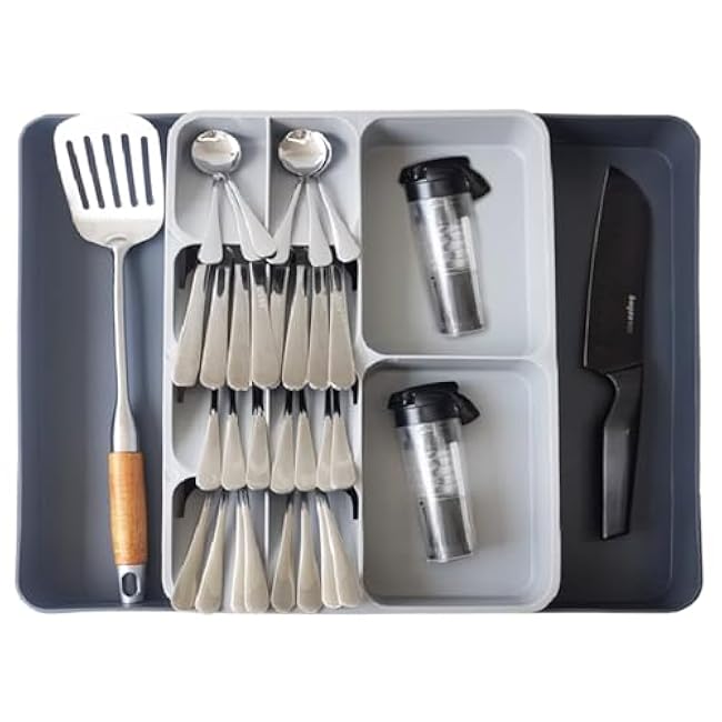 Silverware Organizer, Expandable Cutlery Drawer Organizer Utensil Tray for Home and Kitchen, Upgrade Adjustable Plastic Storage Flatware Holder for Forks, Spoons and Knives Large Grey