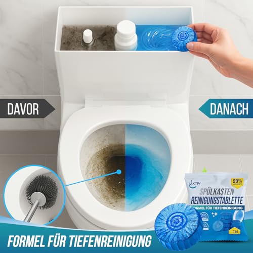 AKTIV Spülkasten Reinigungs Tabs 12er Pack – WC Reinigungstabletten für Frische & Tiefenreinigung – Automatischer Spül-Toilettenblock gegen Kalk, Urinstein & Gerüche