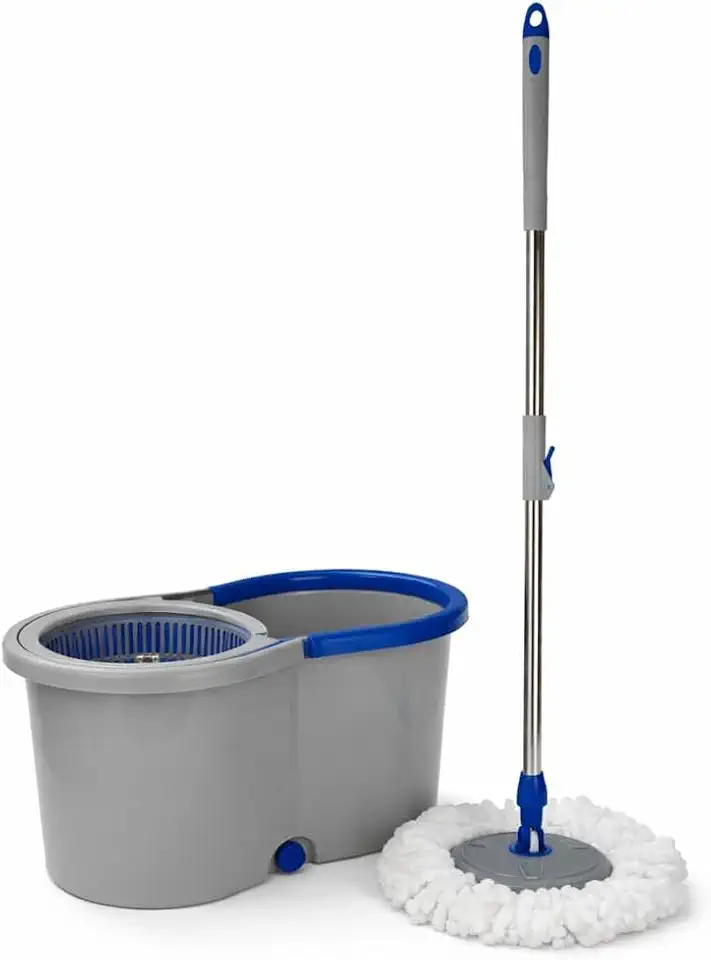 Mop Giratório com Balde 13 Litros, Sistema de Rotação 360°, Cabo Aço Inox Ajustável, Refil Microfibra, Centrífuga Integrada, Cinza e Azul, Mop 13L Centrífuga Esfregão Microfibra Cabo Inox Limpeza Piso