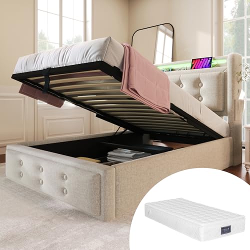 Generisch Cama tapizada 90 x 200 cm, cama individual con cabecero LED y función de carga USB C, cama hidráulica con somier de láminas de madera y marco de metal, capacidad de carga de 150 kg, beige